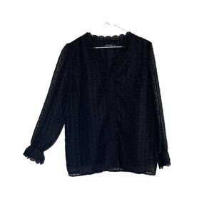 Suprelook Womens Blouse M Black Chiffon Crocheted Lace Semi Sheer Fairy Goth